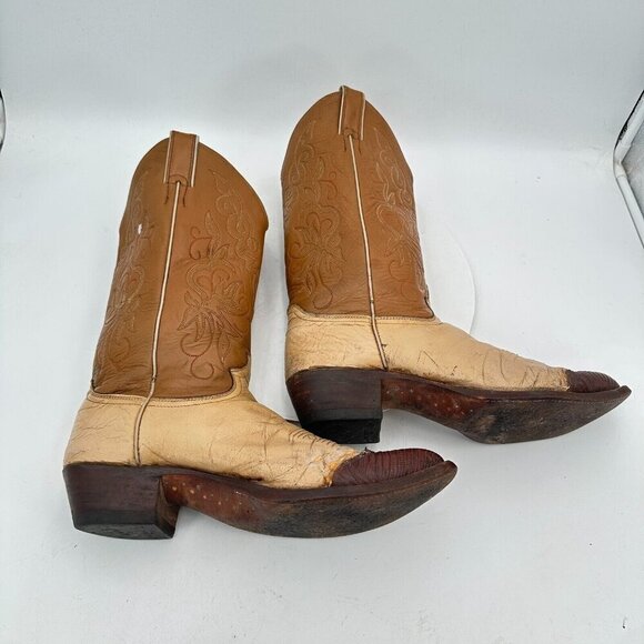Justin 1660 Men Size 9.5D Cream Brown Two Tone Leather Pointed Toe Western Boot - Picture 8 of 14
